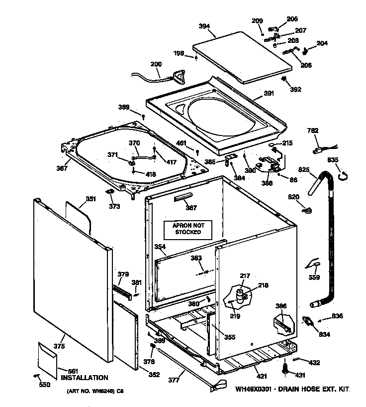 GE WISQ416AT8WW cabinet, cover & front panel diagram