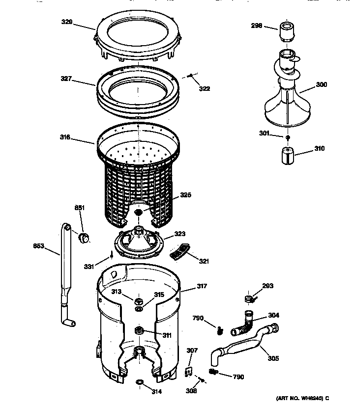 GE WISQ416AT8WW tub, basket & agitator diagram