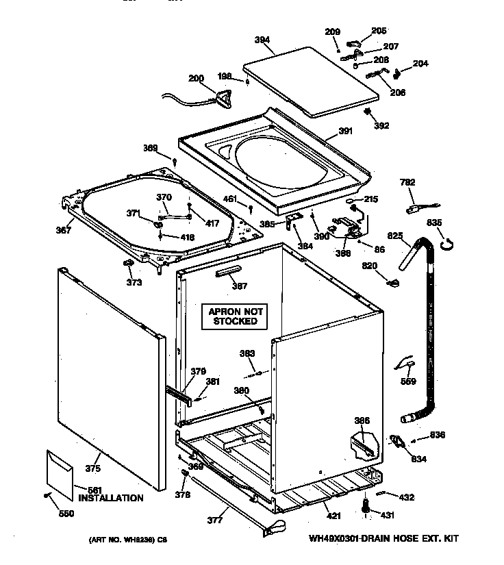 GE WCSR4110T8AA cabinet, cover & front panel diagram