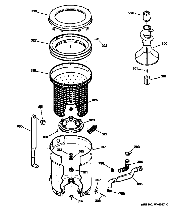 GE WCSR4110T8AA tub, basket & agitator diagram