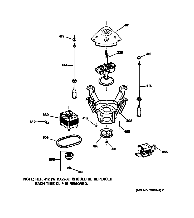 GE WCSR4110T8AA suspension, pump & drive components diagram