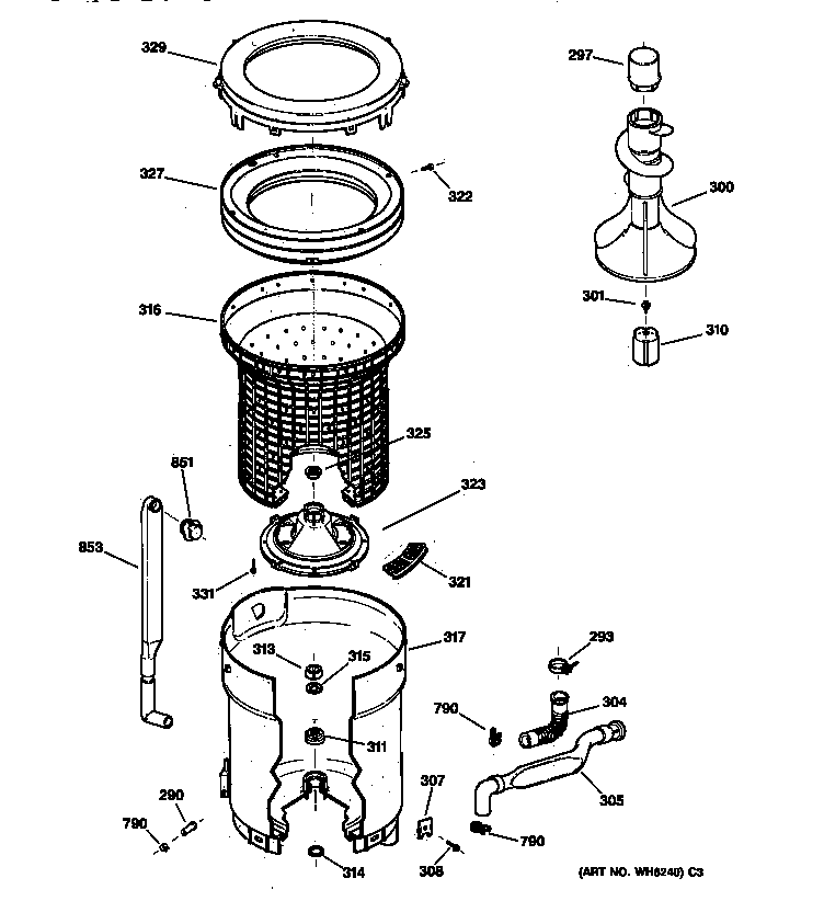 GE WBSR1060T8WW tub, basket & agitator diagram