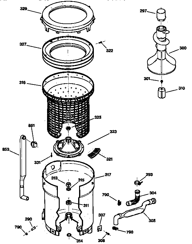 GE WISR106DT8WW tub, basket & agitator diagram