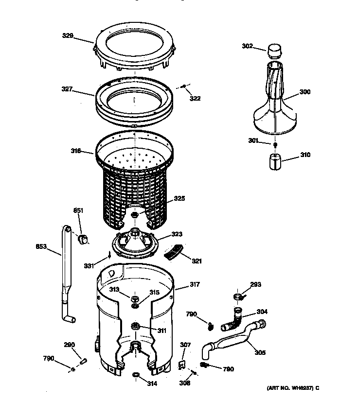 Hotpoint VBXR1060T8WB tub, basket & agitator diagram