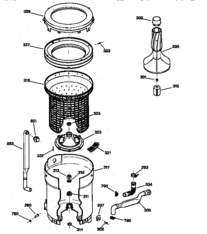 GE YBXR2070T8WW tub, basket & agitator diagram