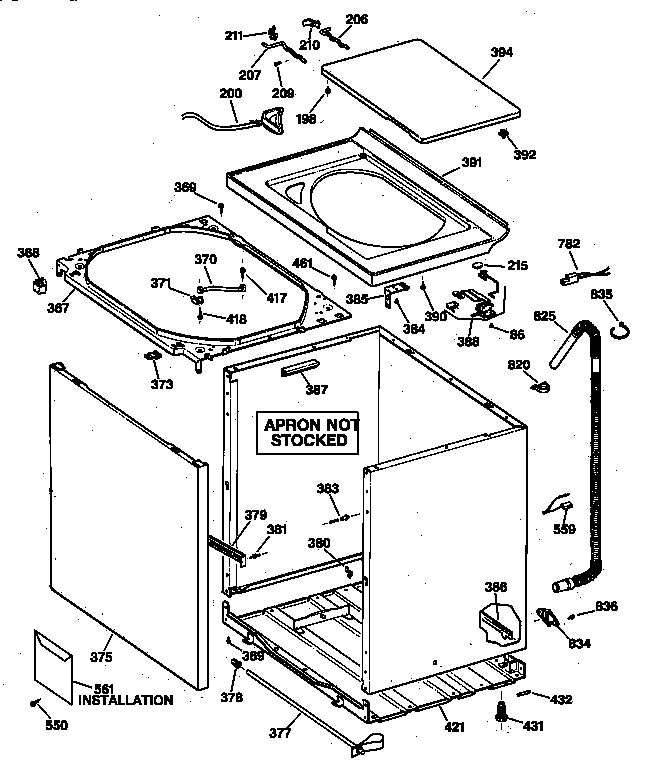 GE YWSR2100T8WW cabinet, cover & front panel diagram