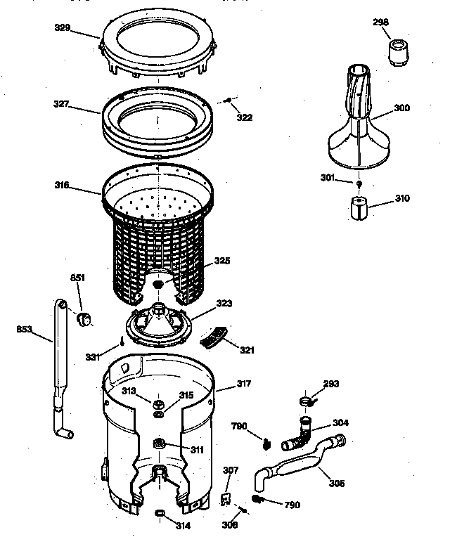 GE YWSR2100T8WW tub, basket & agitator diagram
