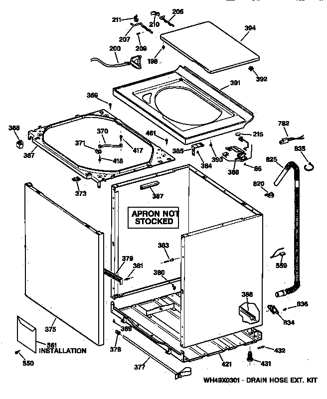 GE YWSR2100V0WW cabinet, cover & front panel diagram