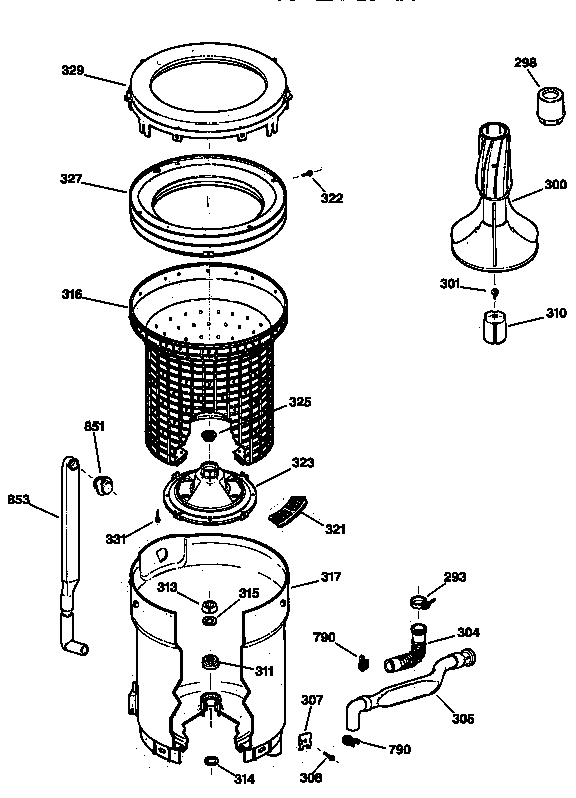 GE YWSR2100V0WW tub, basket & agitator diagram