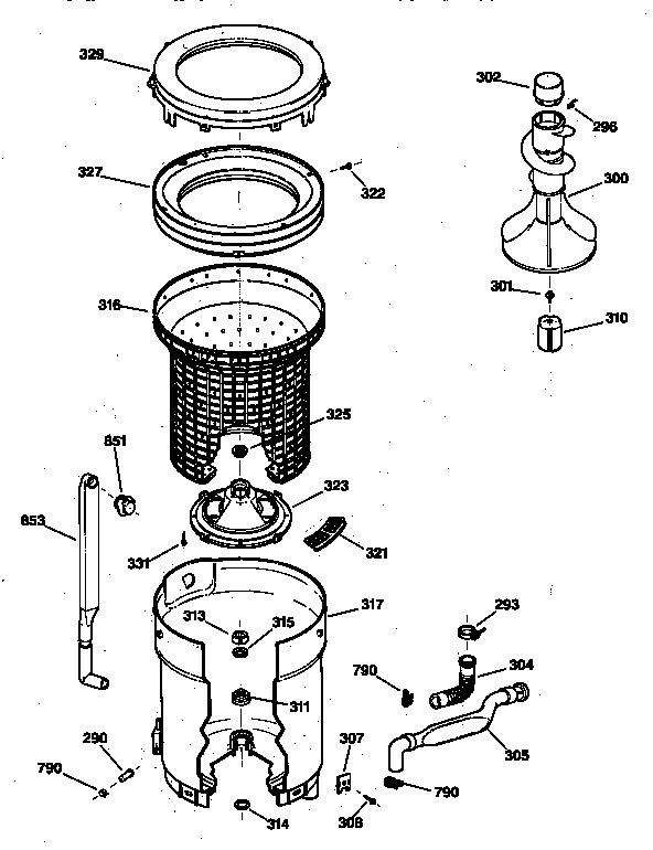 GE WCCB1030V0WC tub, basket & agitator diagram