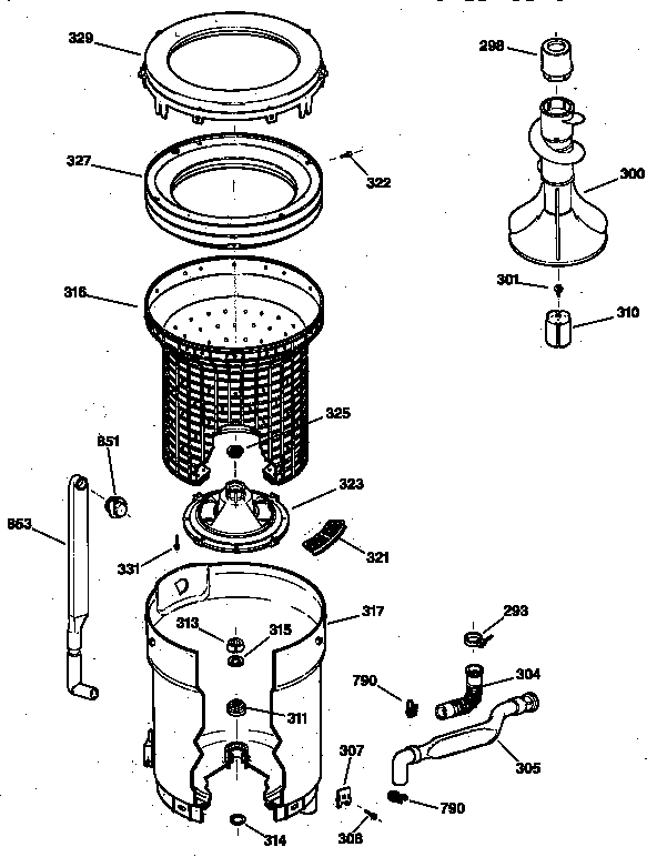 GE WPSQ3120TAWW tub, basket & agitator diagram