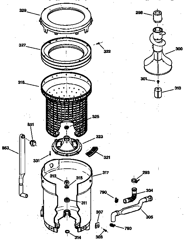 GE WWXR4100TAWW tub, basket & agitator diagram