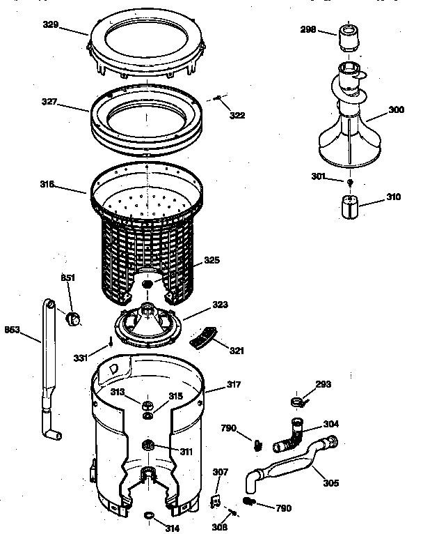 GE WJXR2080TAWW tub, basket & agitator diagram