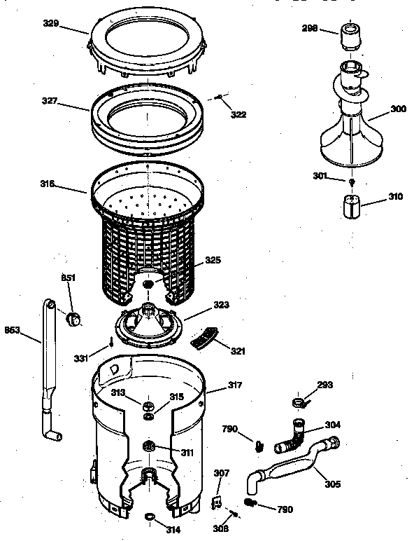 GE WISQ416BTAWW tub, basket & agitator diagram