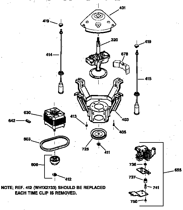 GE WISQ416BTAWW suspension, pump & drive components diagram