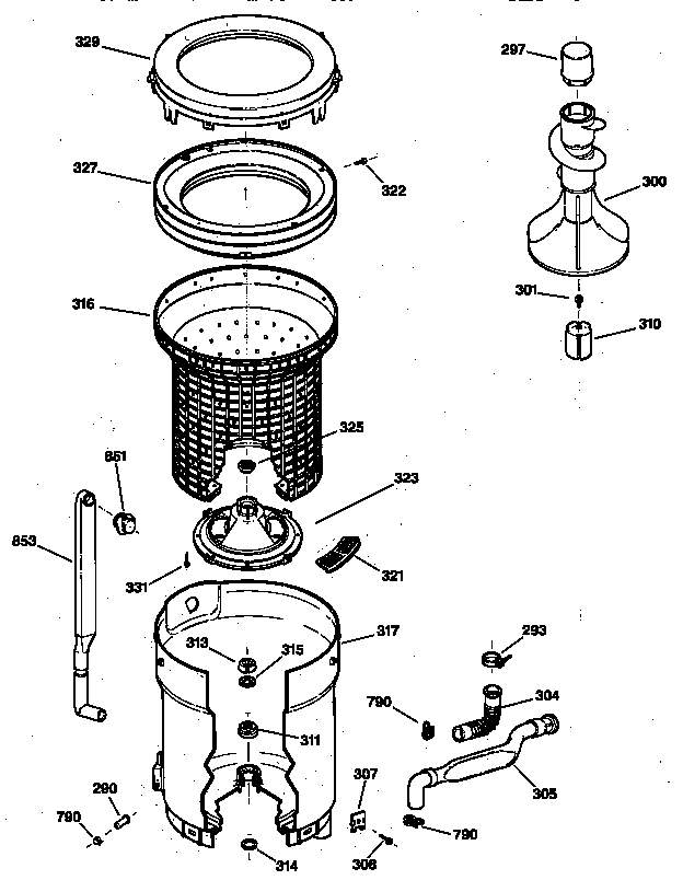 GE WISR106HTAWW tub, basket & agitator diagram