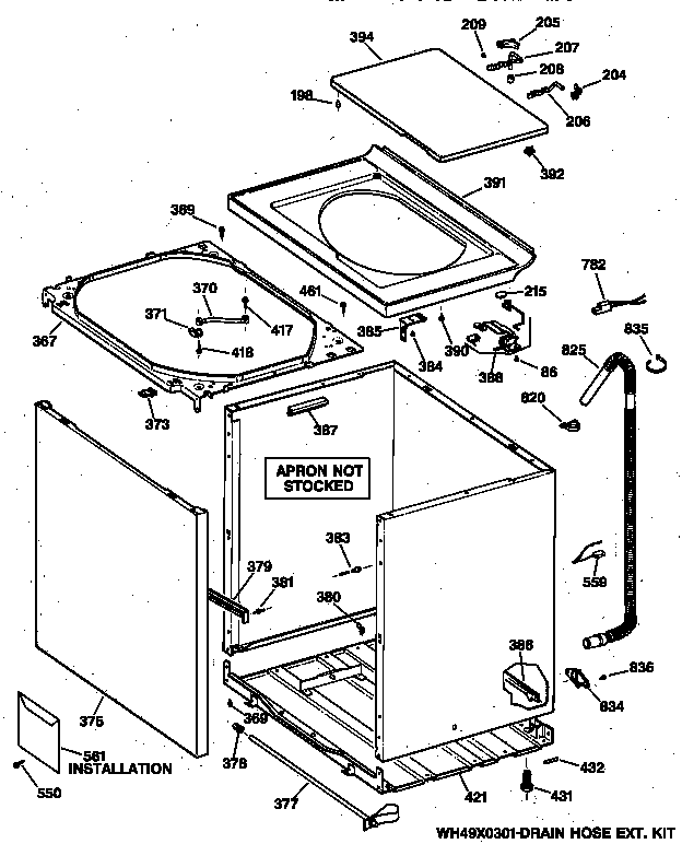 GE WLXR1020TAWB cabinet, cover & front panel diagram