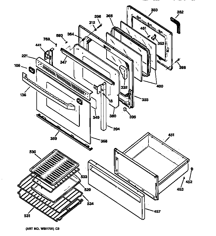 GE JB960BY3 door & drawer parts diagram