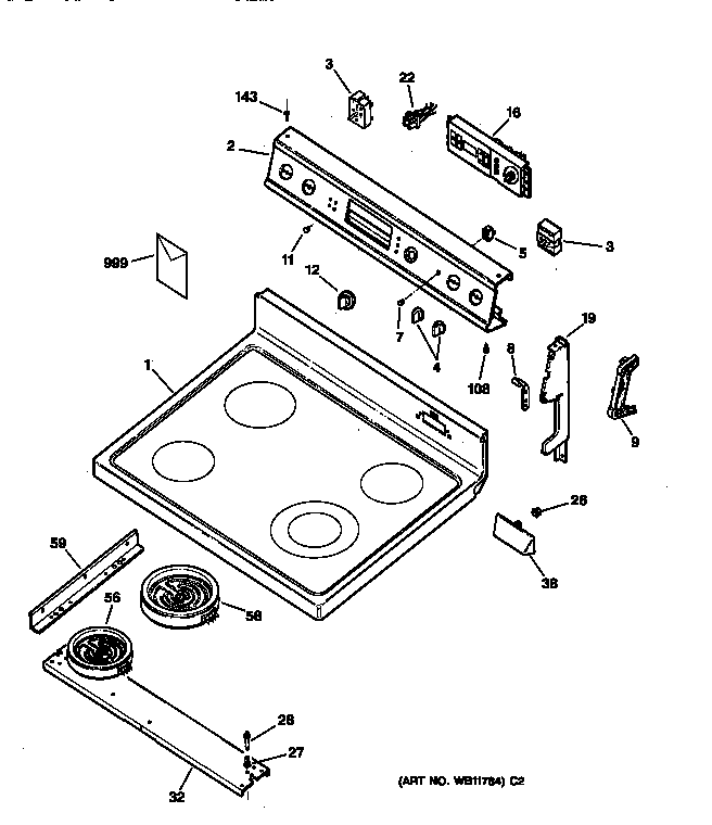 GE JBP60BY3WH control panel & cooktop diagram