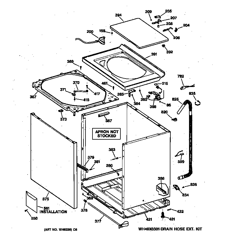 GE WJSR2080V1WW cabinet, cover & front panel diagram