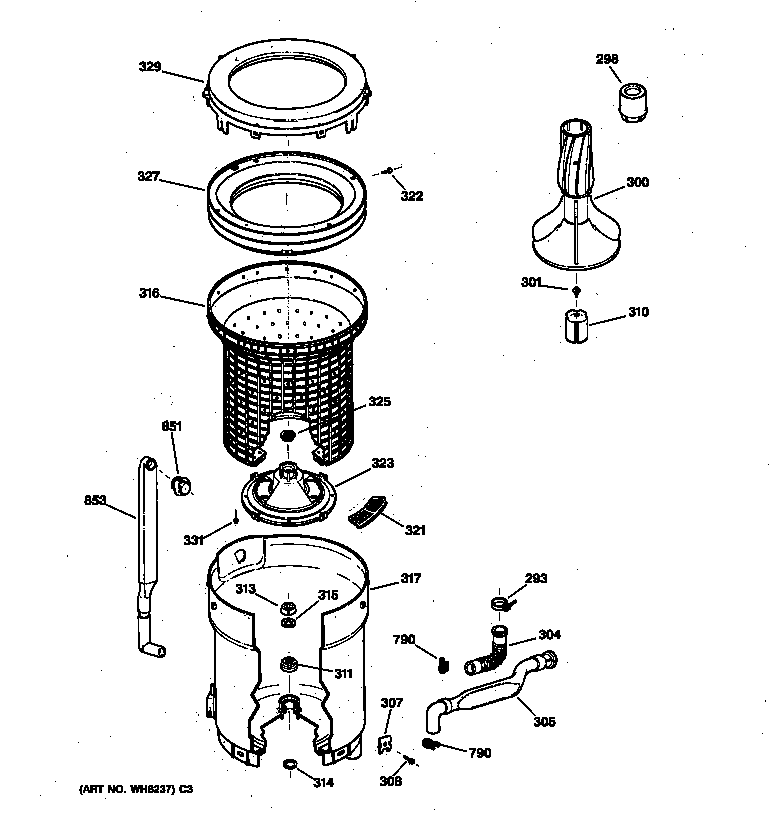 GE WJSR2080V1WW tub, basket & agitator diagram