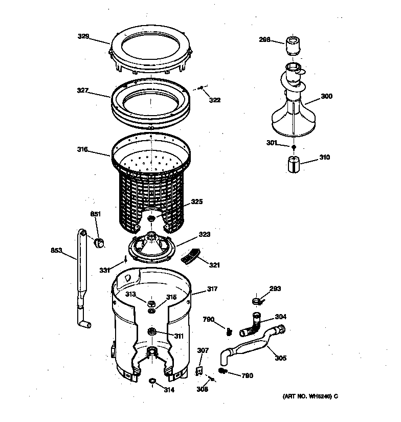 GE WNSR3090V1WW tub, basket & agitator diagram