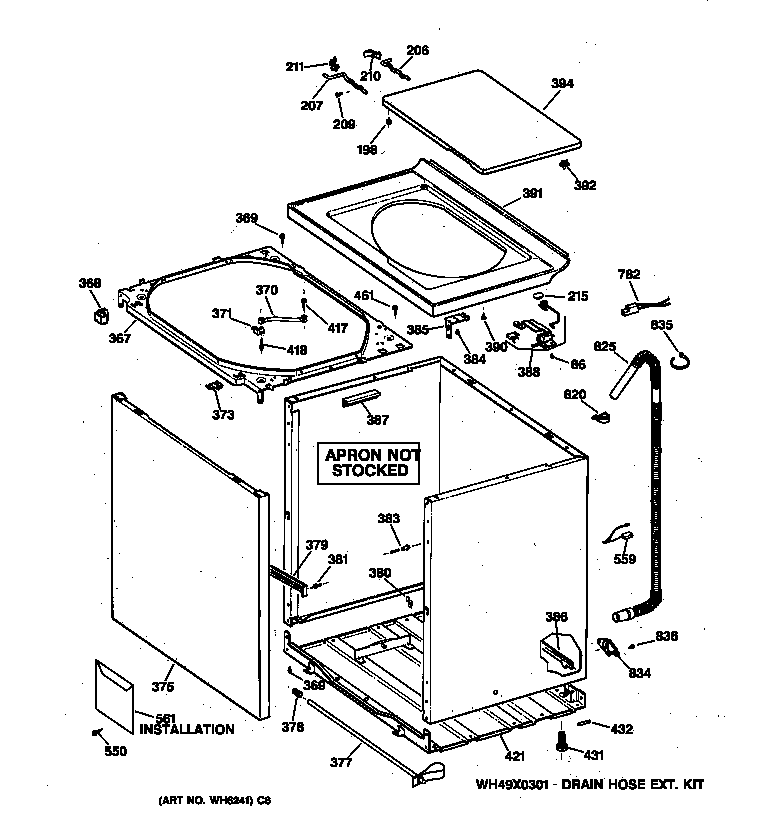 GE YBXR1060V1WW cabinet, cover & front panel diagram