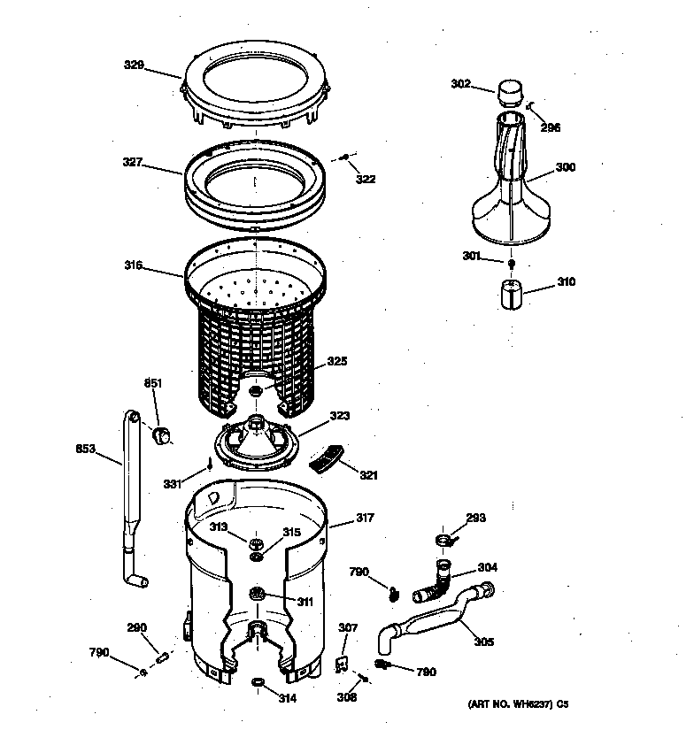 GE YBXR1060V1WW tub, basket & agitator diagram