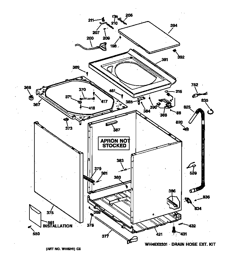 GE YWSR2100TAWW cabinet, cover & front panel diagram