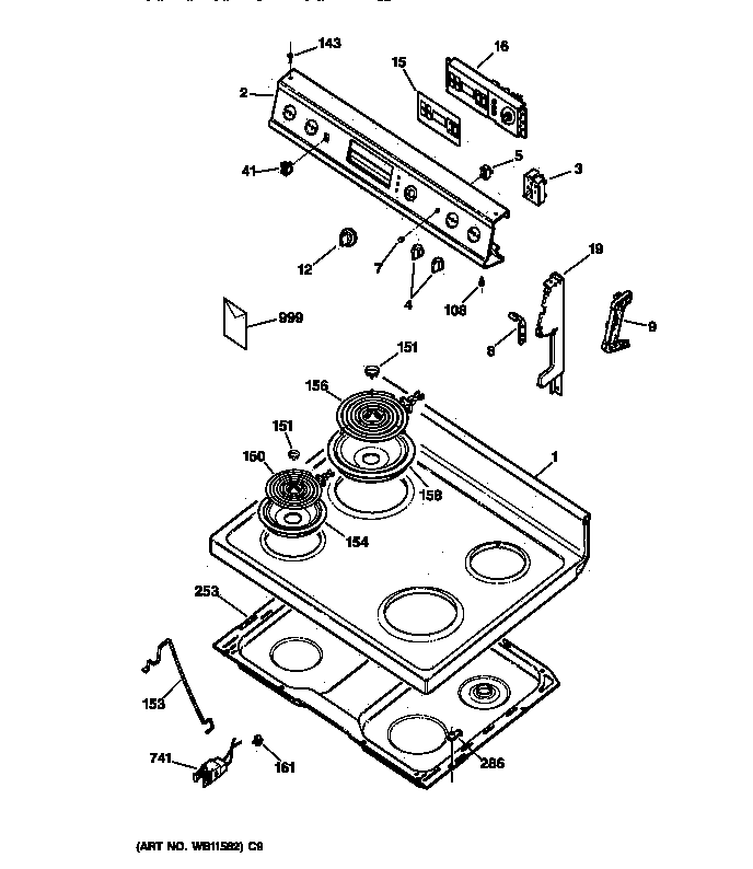 GE JBP30AA2 control panel & cooktop diagram