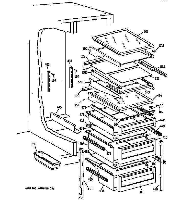 GE TFX22PPBAAA fresh food shelves diagram