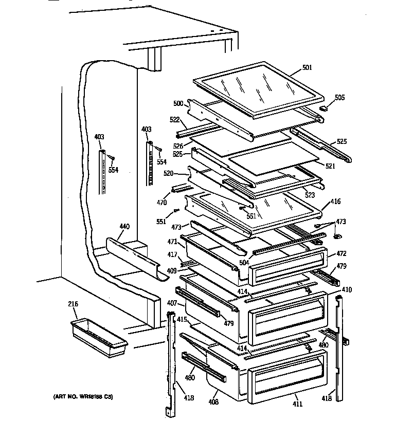 GE TFX22PRBAAA fresh food shelves diagram