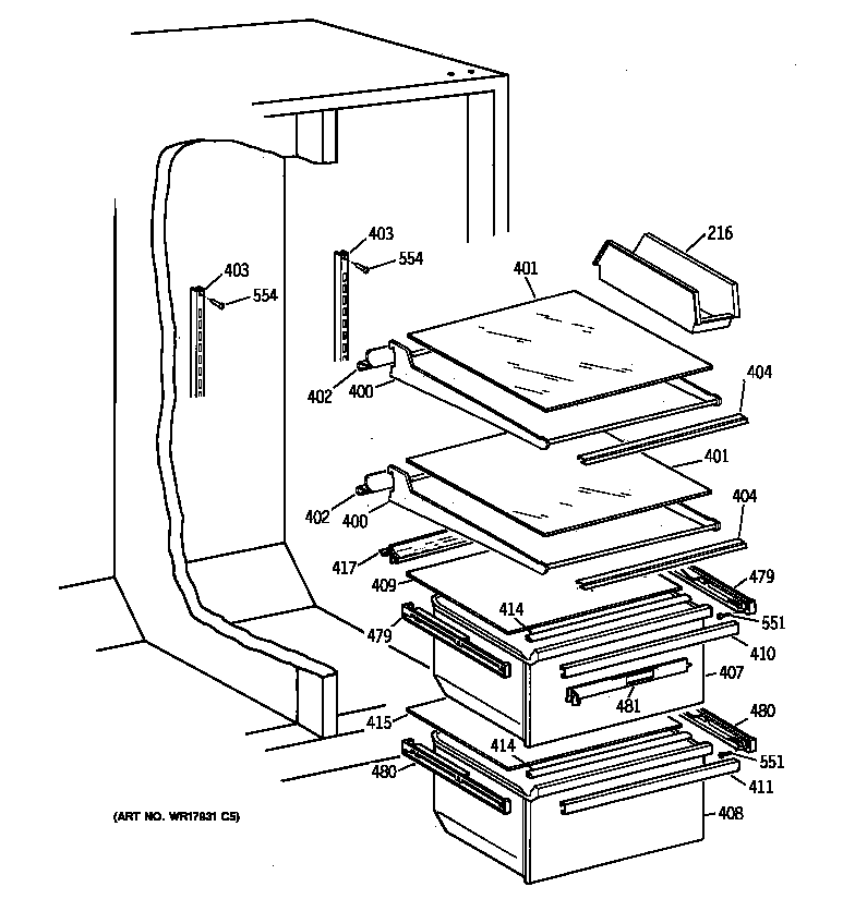 GE MSX22GRBAAA fresh food shelves diagram