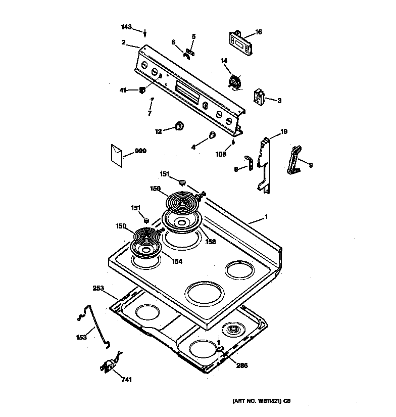 GE JBS27WY3 control panel & cooktop diagram