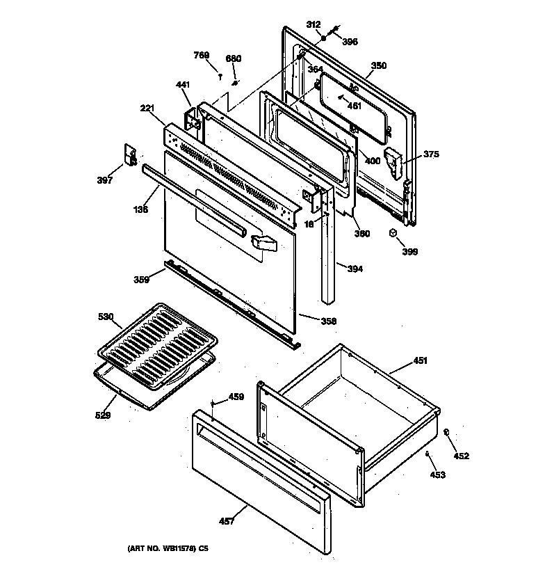 GE JBS27WY3 door & drawer parts diagram