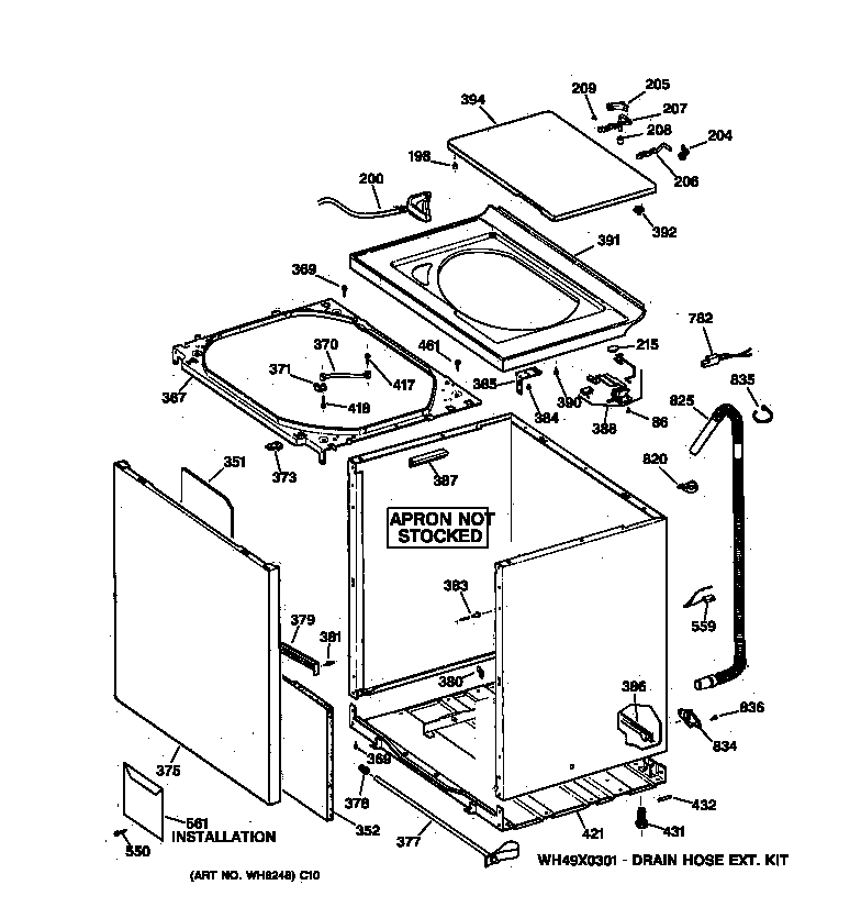 GE WNSR3120W0AA cabinet, cover & front panel diagram