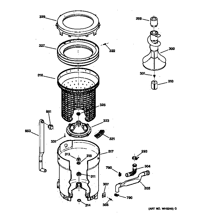 GE WNSR3120W0AA tub, basket & agitator diagram