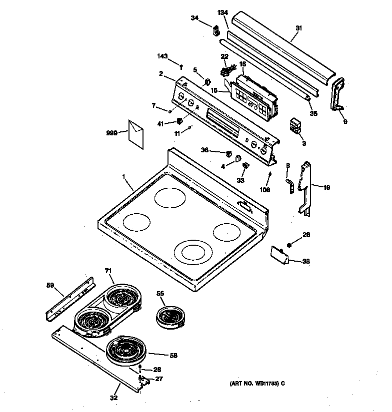 GE JB960AY4 control panel & cooktop diagram
