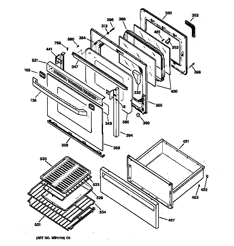 GE JB960AY4 door & drawer parts diagram