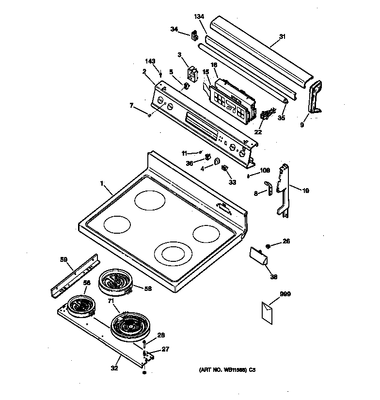 GE JB940WY4 control panel & cooktop diagram