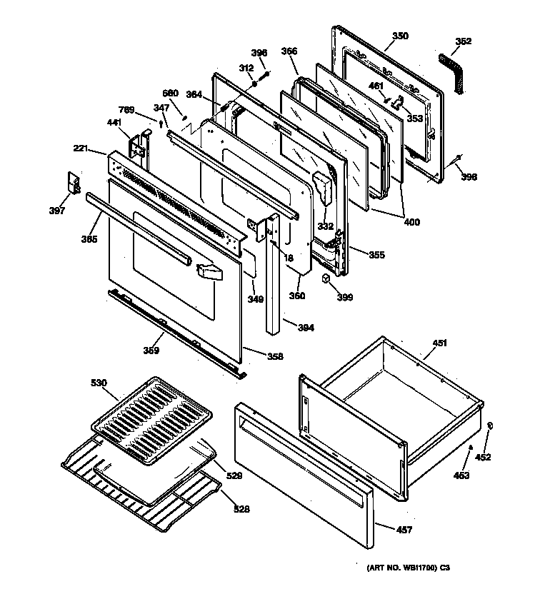 GE JBP30BA3 door & drawer parts diagram