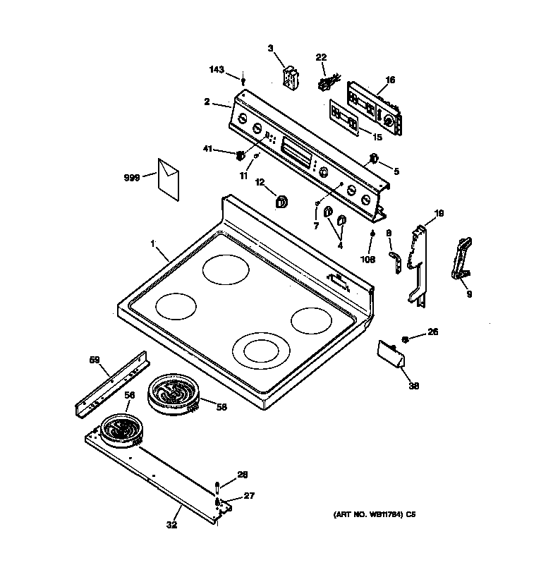 GE JBP76WIY4 control panel & cooktop diagram