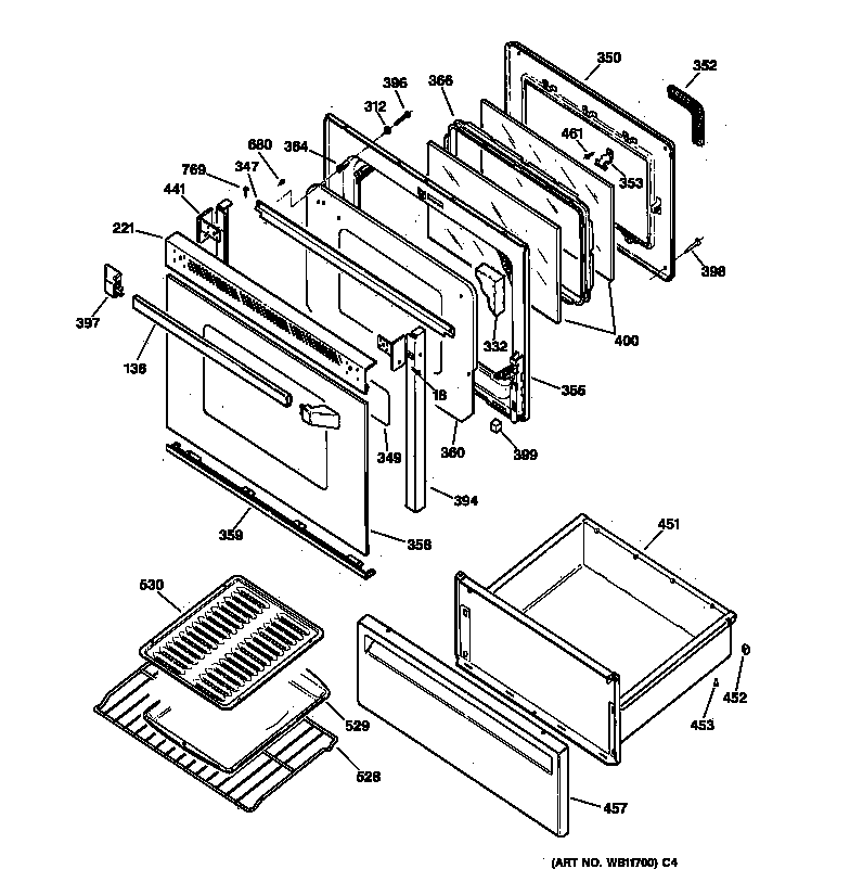 GE JBP78BY4 door & drawer parts diagram