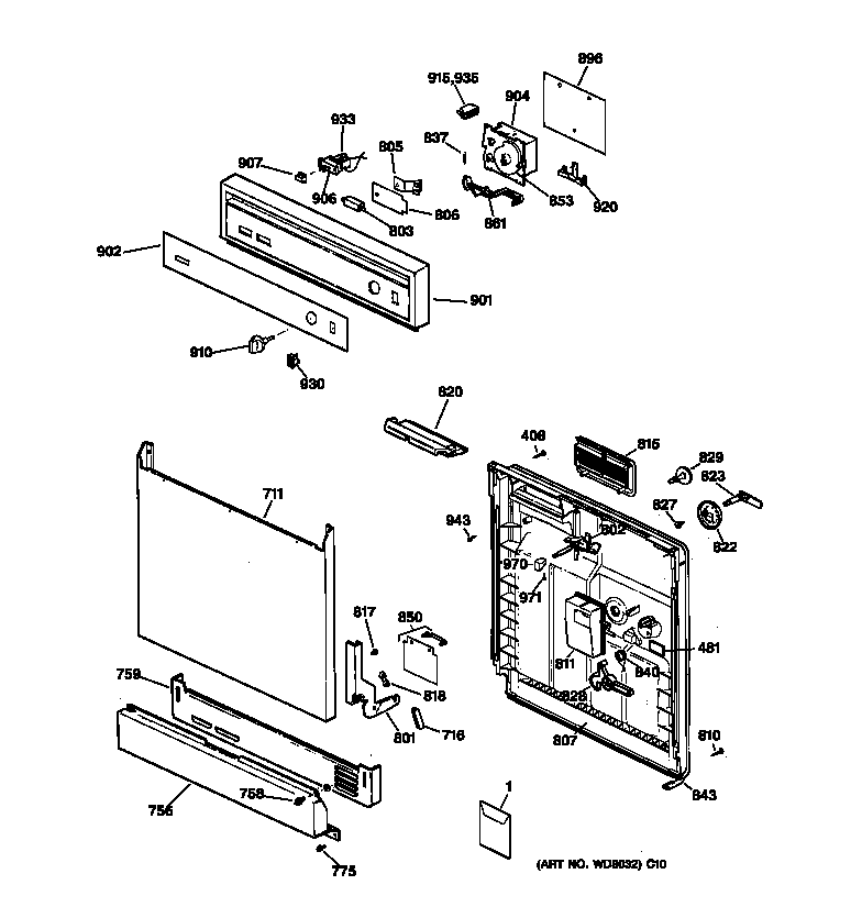 Hotpoint HDA2120Z02BB escutcheon & door assembly diagram