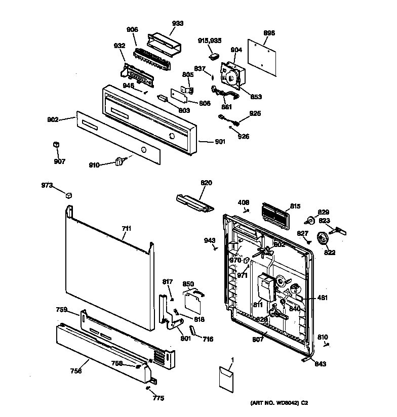 Hotpoint HDA3420Z02BB escutcheon & door assembly diagram