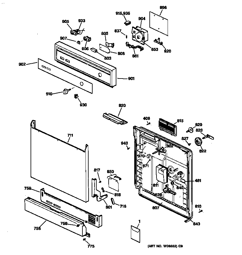 Hotpoint HDA3220Z02BB escutcheon & door assembly diagram