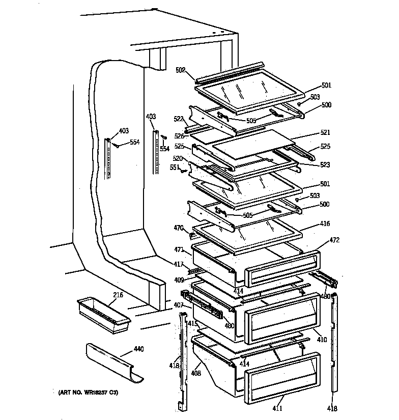 GE TPG21BRBABB fresh food shelves diagram