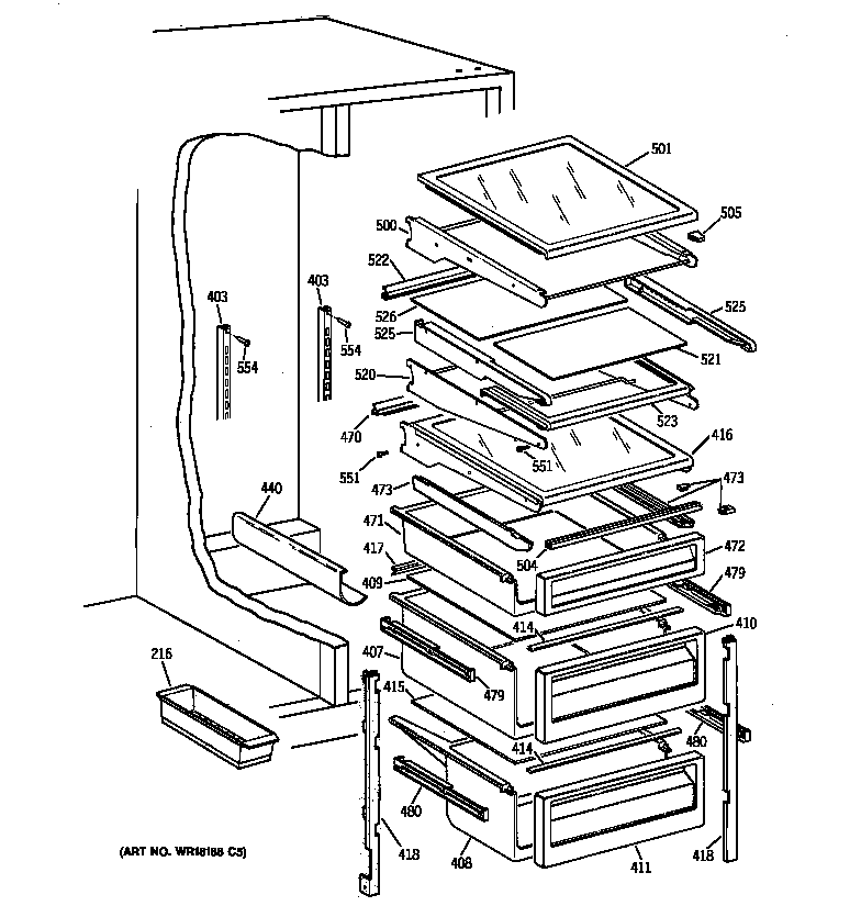 GE TPG24PRBAWW fresh food shelves diagram