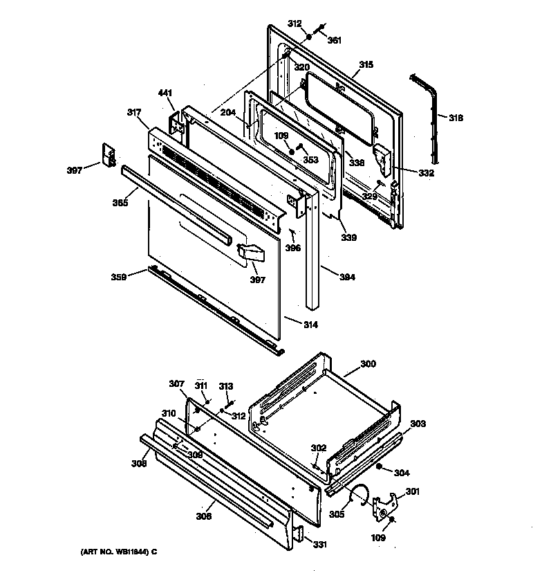 GE JGSS05BEA2BB door & drawer parts diagram