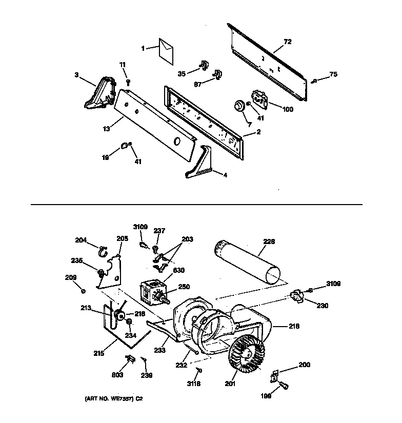 GE DBXR453GV0AA backsplash, blower & drive assembly diagram